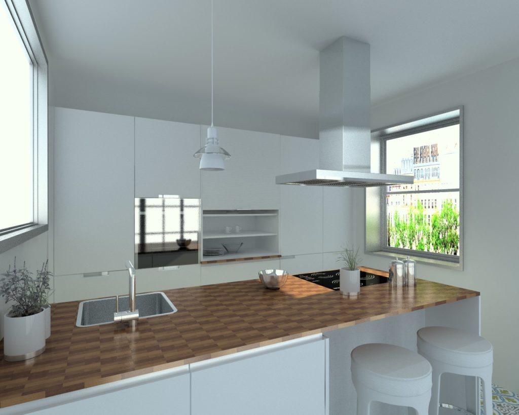 Cocina Santos Modelo Line Estratificado Blanco Encimera Laminado Nogal Santos