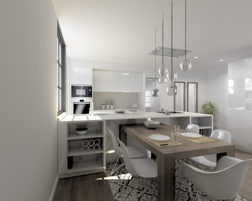 Cocina Santos Modelo Line Laminado Blanco Brillo Neolith Arena