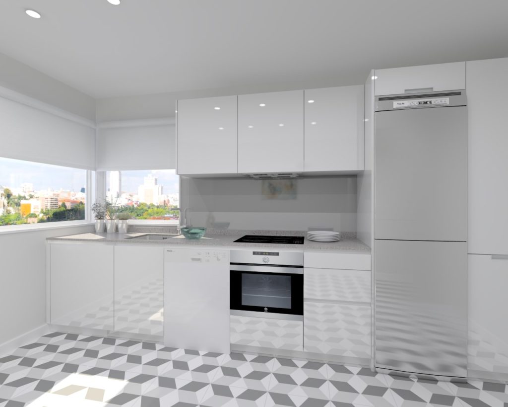 Cocina Santos Modelo Line Laminado Blanco Brillo Encimera Silestone Gris Expo