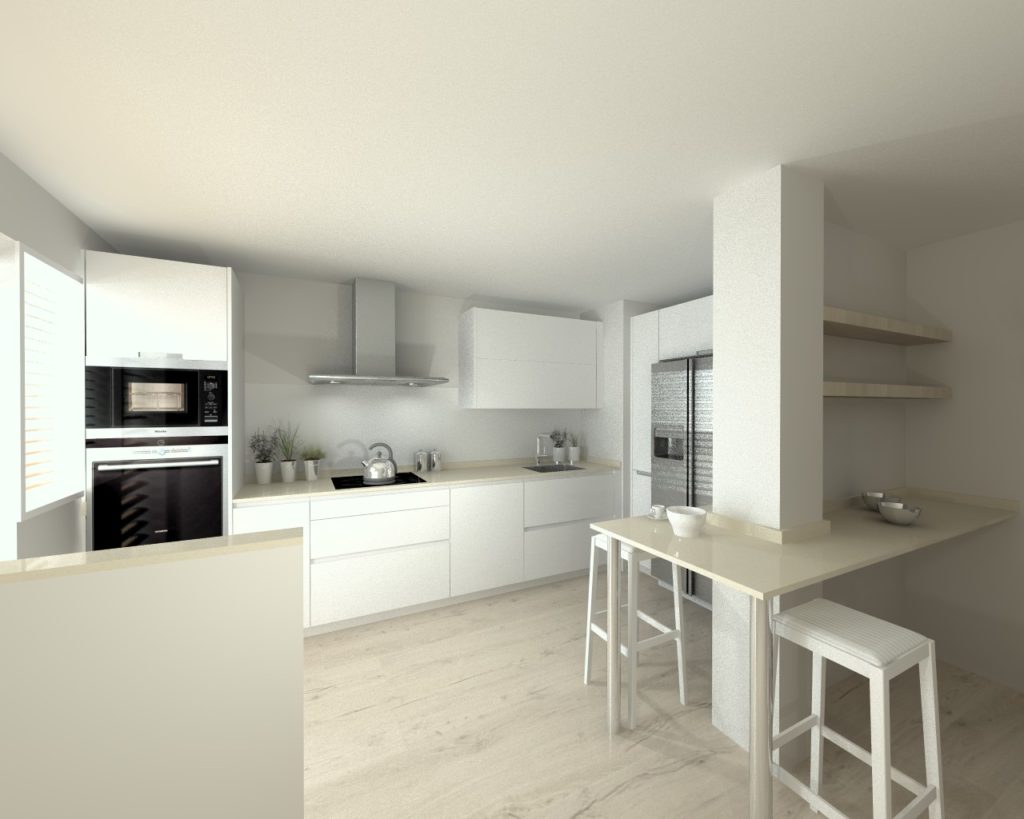 Cocina Santos Modelo Line Laminado Seda Blanco Encimera Silestone Haiku