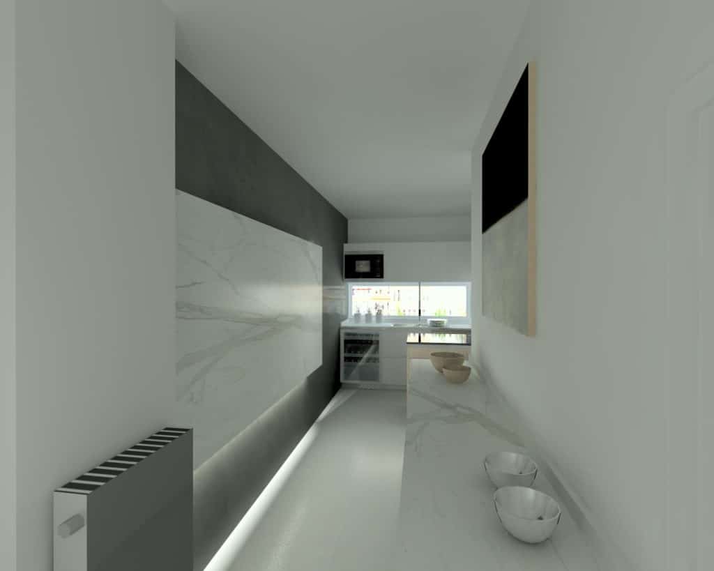 Cocina Santos Modelo Line Laminado Seda Blanco Encimera Mármol Carrara y Granito Titanium