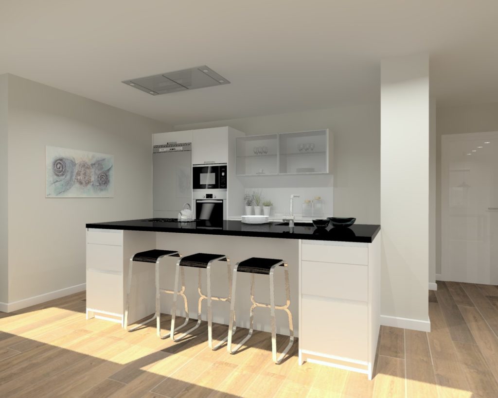 Cocina Santos Modelo Intra Laminado Seda Blanco Encimera Granito Negro y Silestone Blanco