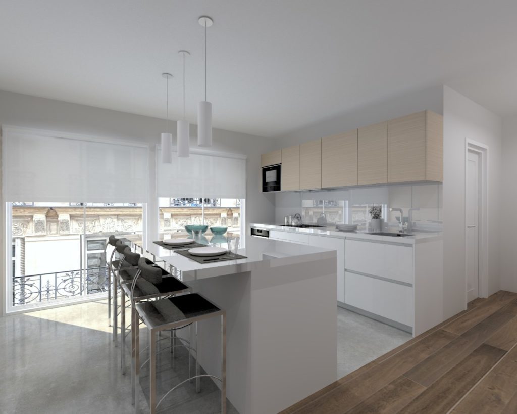 Cocina Santos Modelo Line Laminado Seda Blanco Encimera Granito Negro Neolith Artic