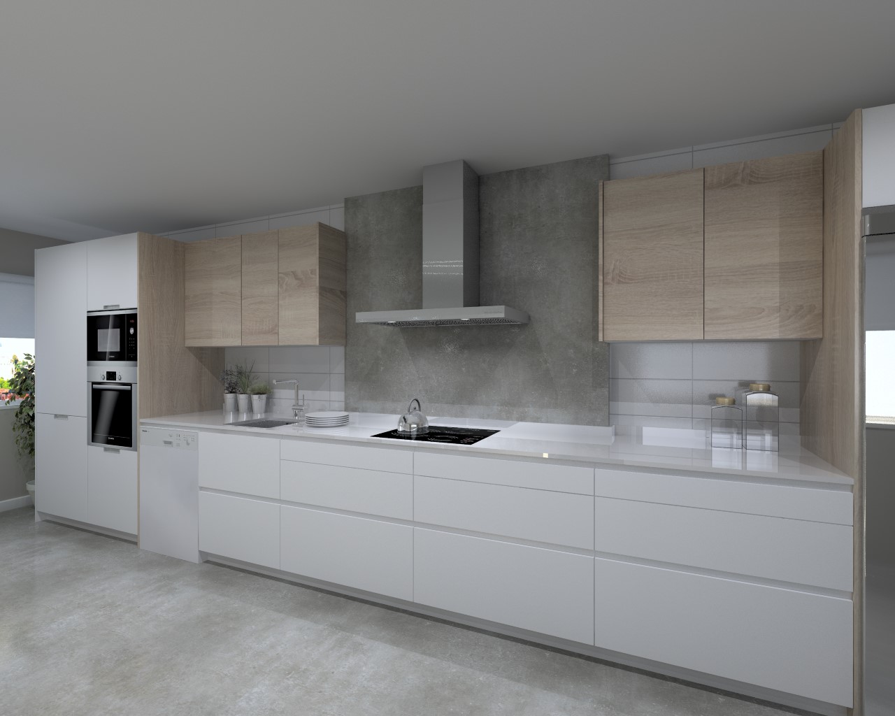 Cocina Santos Modelo Line y Minos Estratificado Blanco y Roble Barrica Encimera Silestone Blanco