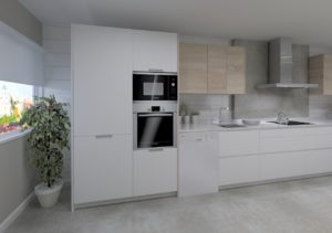 Cocina Santos Modelo Line y Minos Estratificado Blanco y Roble Barrica Encimera Silestone Blanco