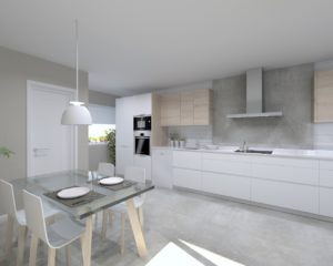 Cocina Santos Modelo Line y Minos Estratificado Blanco y Roble Barrica Encimera Silestone Blanco