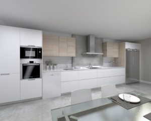 Cocina Santos Modelo Line y Minos Estratificado Blanco y Roble Barrica Encimera Silestone Blanco