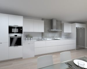 Cocina Santos Modelo Line y Minos Estratificado Blanco y Roble Barrica Encimera Silestone Blanco