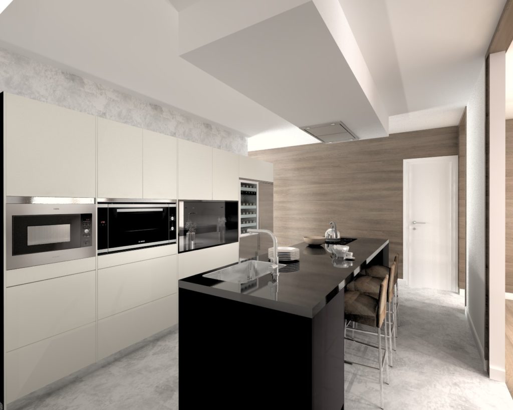 Cocina Santos Modelo Line Laminado Negro Y Blanco Perla Encimera Granito Negro