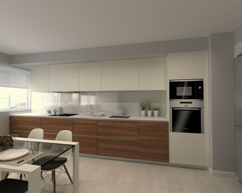 Cocina Santos Modelo Line E 13 Estratificado Seda Color Puertas Blanco Perla Nogal Tierra H y Casco Gris C