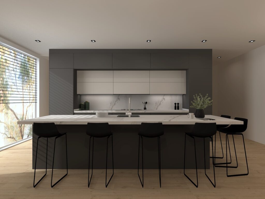 El diseño de esta cocina realizado de Santos fusiona la funcionalidad con la estética, creando un espacio acogedor y versátil.