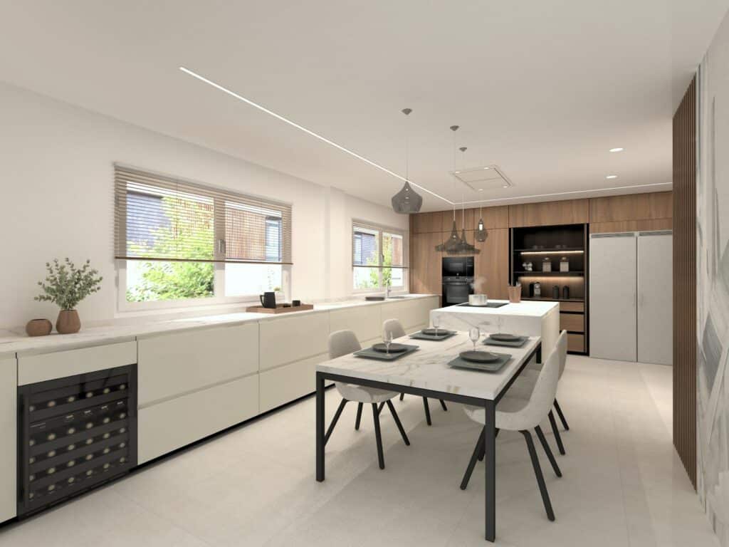 El diseño de esta cocina realizado de Santos fusiona la funcionalidad con la estética, creando un espacio acogedor y versátil.