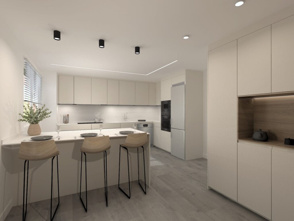 Proyecto de cocina Santos con muebles en color blanco perla, lo que hace de la cocina una estancia muy luminosa.