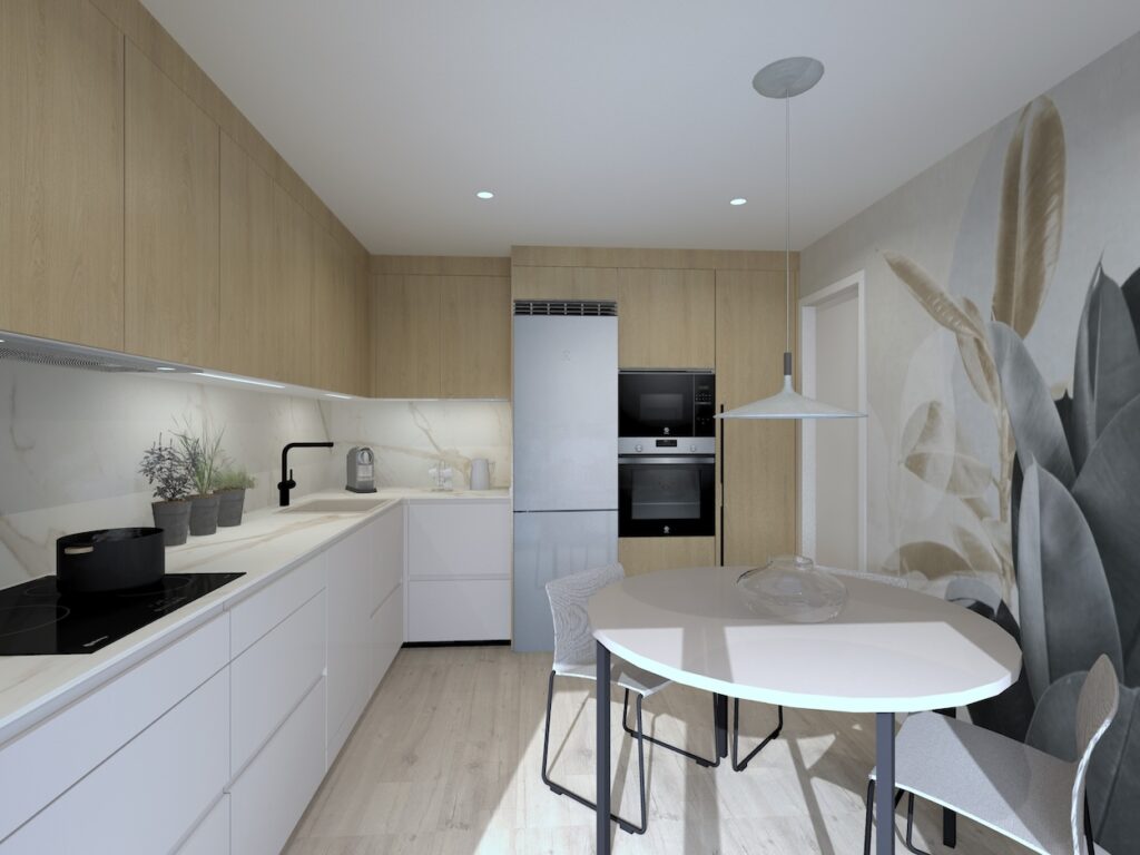 Cocina blanca con elementos en tonos neutros, muy diáfana y luminosa ya que los tonos claros atraen la luz y el gran ventanal con salida a la terraza que dispone permite la entrada de luz natural.