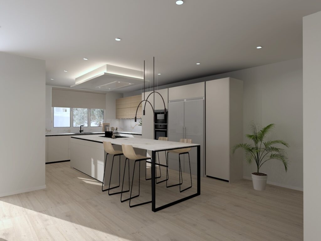 Proyecto de cocina Santos, de estilo moderno y elegante, cuenta con muebles en color blanco perla, y está abierta al salón, creando un espacio amplio y luminoso.