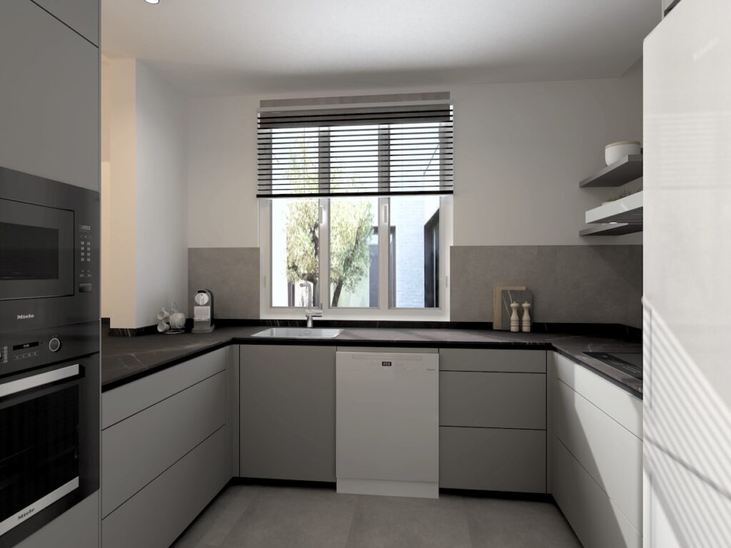 Esta cocina destaca por su diseño moderno y funcional, con una combinación equilibrada de tonos neutros y materiales sofisticados que crean un ambiente acogedor y elegante.