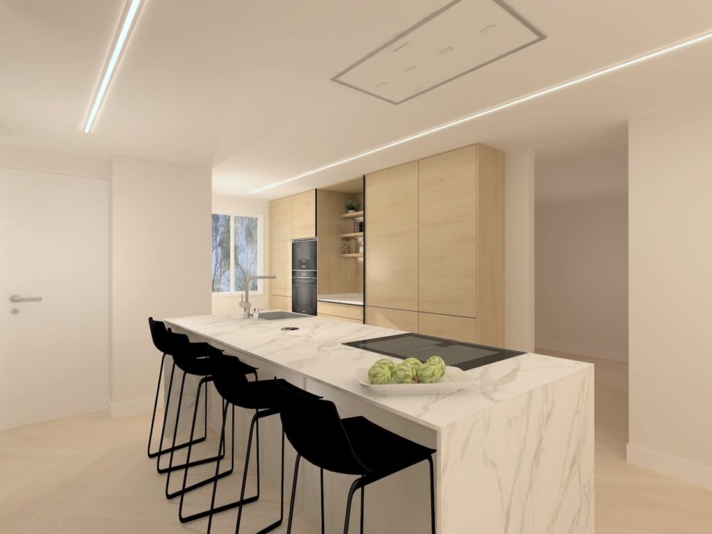 Esta cocina representa la máxima expresión del diseño contemporáneo: sobria, elegante y pensada para la funcionalidad sin renunciar al confort. Con una disposición lineal combinada con una gran isla central, el espacio se organiza de forma eficiente, fomentando la interacción y el disfrute cotidiano.