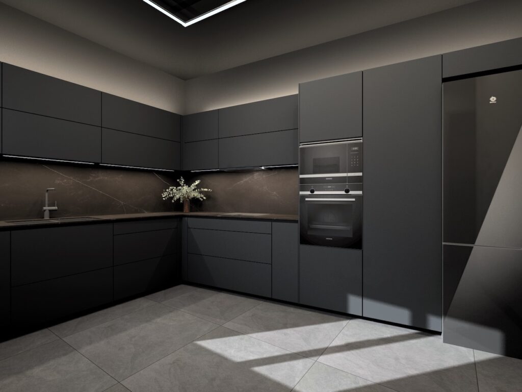 Esta cocina destaca por su diseño moderno y funcional, con una combinación equilibrada de tonos neutros y materiales sofisticados que crean un ambiente acogedor y elegante.