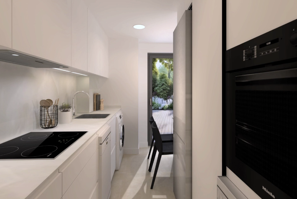 Esta cocina lineal con comedor integrado destaca por su diseño funcional y contemporáneo, donde cada elemento ha sido cuidadosamente dispuesto para optimizar el espacio y favorecer la comodidad en el día a día